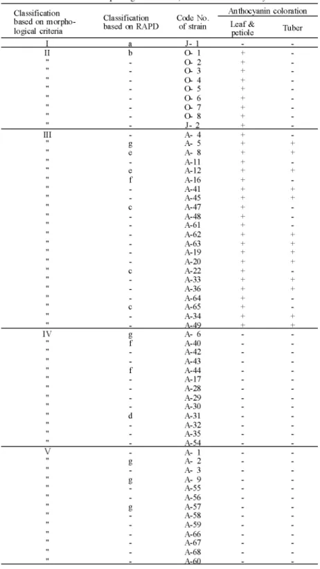 Table 4. The relation between anthocyamn coloration and classification based on morphological cntena, RAPD of the tested yam Anth∝yamn coloration basedonmorpho‑P^pTpn‑Tt ,.,...based｡nRAPD｡fstr慧忘完Cla ssifi cati on logical criteria petiole J‑ 1 ^   M   n   ^